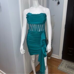 Luxxel Teal Strapless Ruched Cocktail Dress with Sheer Bodice